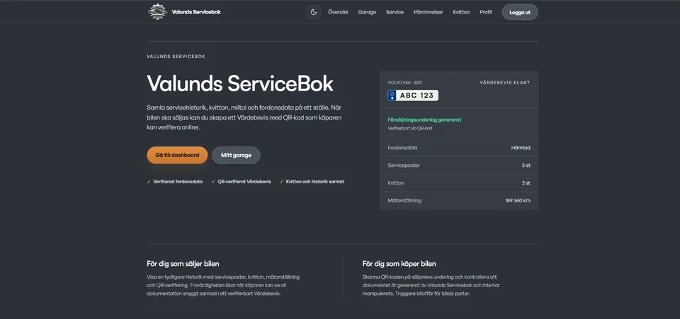 Anonymiserad produktvy av ServiceBok med servicehistorik, dokumentation och nästa planerade service.