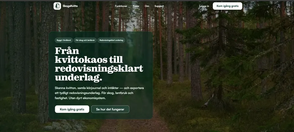 Anonymiserad produktvy av SkogsKvitto med kvitton, bokföringsår och ett spårbart arbetsflöde.